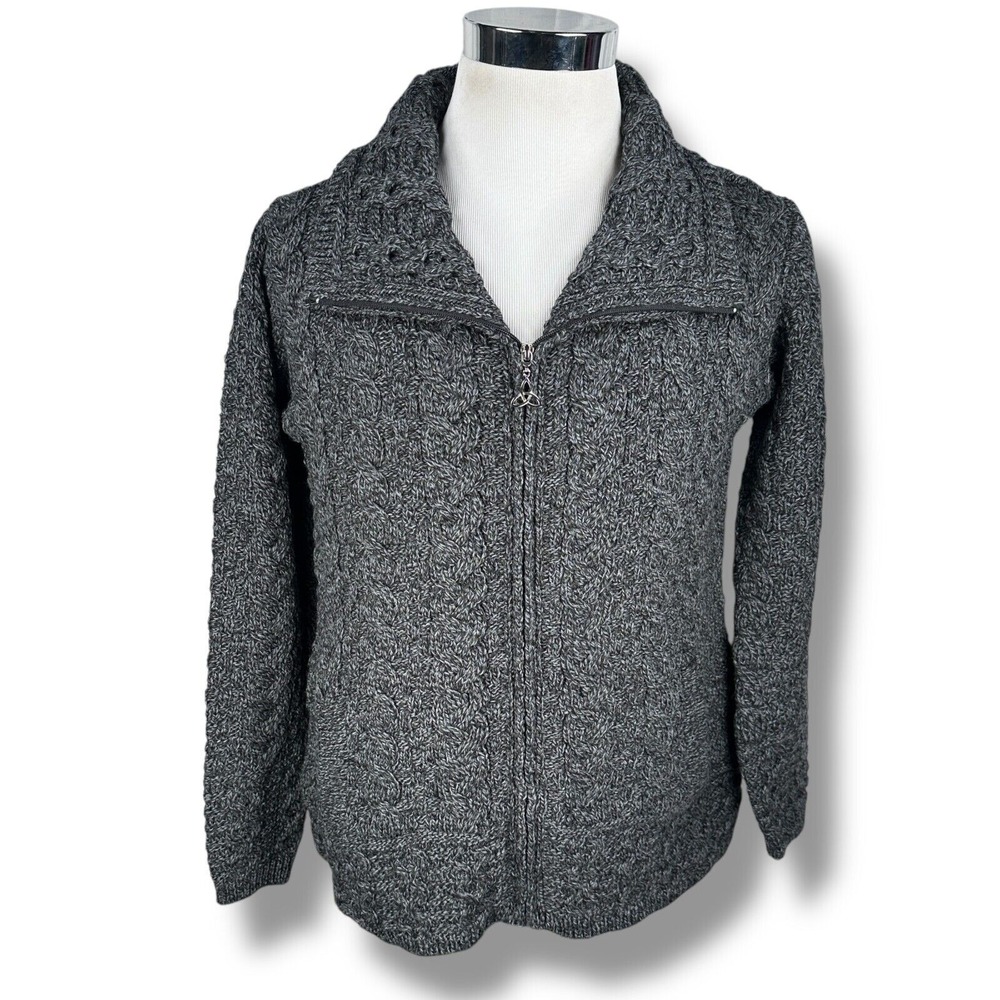 Aran Crafts Cardigan Zip Sweater Womens Small Gray Cable Knit‎ Double Collar New